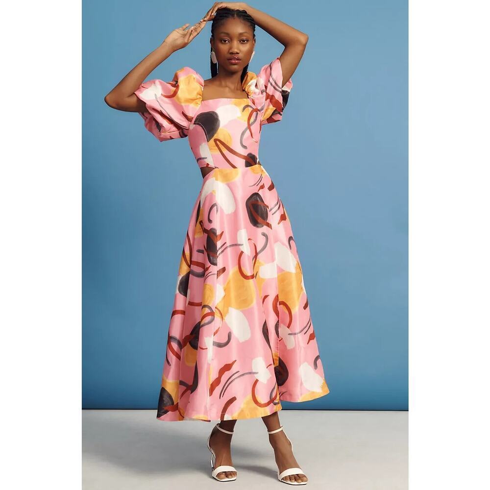 NWT Anthropologie Aureta Studio Printed Puff-Sleeve Cutout Dress Sz XSP #NA435
